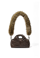 OPEN YY OIL SKIN MINI TOTE w. FURRY STRAP, BROWN
