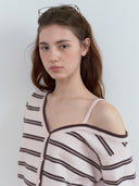 rolarola  |   Wonyoung Style   ONE OFF SHOULDER STRIPE WOOL BLENDED CARDIGAN PINK