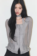 ILLIGO Ribbon Tie Square Neck Long Blouse Gray