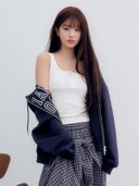 rolarola  |  Wonyoung Style   PATCHWORK CAMPUS HOOD ZIP-UP NAVY