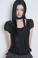 ILLIGO Ribbon Tie Square Neck Blouse Black