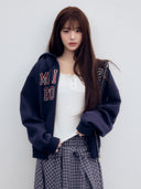 rolarola  |  Wonyoung Style   PATCHWORK CAMPUS HOOD ZIP-UP NAVY