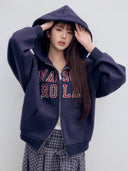 rolarola  |  Wonyoung Style   PATCHWORK CAMPUS HOOD ZIP-UP NAVY