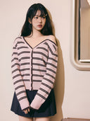 rolarola  |   Wonyoung Style   ONE OFF SHOULDER STRIPE WOOL BLENDED CARDIGAN PINK
