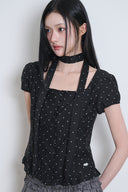 ILLIGO Ribbon Tie Square Neck Blouse Black Dot