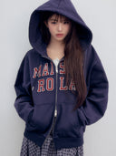 rolarola  |  Wonyoung Style   PATCHWORK CAMPUS HOOD ZIP-UP NAVY