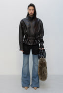 OPEN YY BELTED LEATHER BLOUSON, DARK BROWN