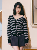 rolarola  |   ONE OFF SHOULDER STRIPE CARDIGAN BLACK
