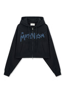 Matin Kim   |    GRAFFITI LOGO CROP HOODY ZIP UP IN BLACK