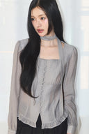 ILLIGO Ribbon Tie Square Neck Long Blouse Gray
