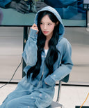 Wacky Willy [Woni Wears] Women's Denim Washed Embroidered Hoodie Zip-Up Blue