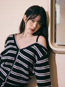 rolarola  |   ONE OFF SHOULDER STRIPE CARDIGAN BLACK