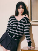 rolarola  |   ONE OFF SHOULDER STRIPE CARDIGAN BLACK