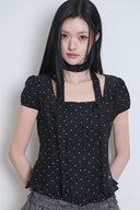 ILLIGO Ribbon Tie Square Neck Blouse Black Dot