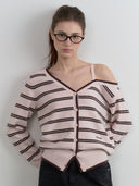 rolarola  |   Wonyoung Style   ONE OFF SHOULDER STRIPE WOOL BLENDED CARDIGAN PINK