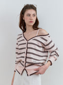 rolarola  |   Wonyoung Style   ONE OFF SHOULDER STRIPE WOOL BLENDED CARDIGAN PINK