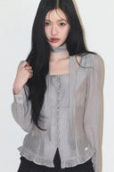 ILLIGO Ribbon Tie Square Neck Long Blouse Gray